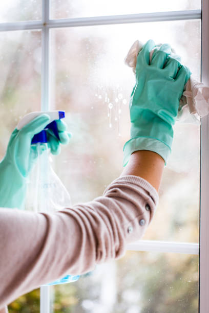 istock Young Smiling Woman Washing Window with Sponge. 1167215443