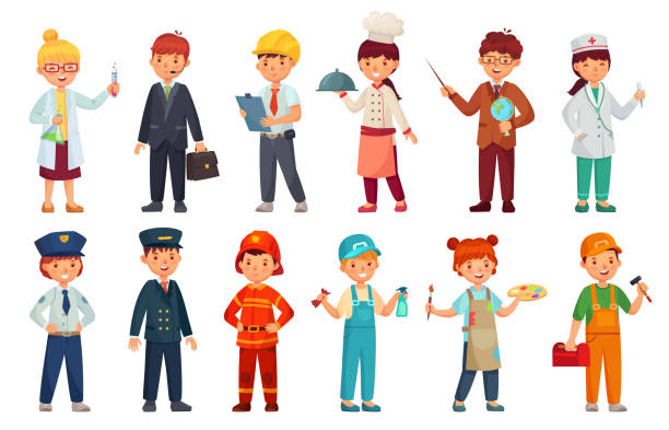 Cartoon kids in professional uniform. Doctor children outfit, businessman kid and baby engineer worker vector set Cartoon kids in professional uniform. Doctor children outfit, businessman kid and baby engineer worker. scientist, policeman and teacher character professions suit. Isolated vector icons set various occupations stock illustrations