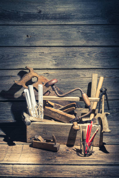 istock Vintage place of carpenters work on rustic wooden table 1167216342