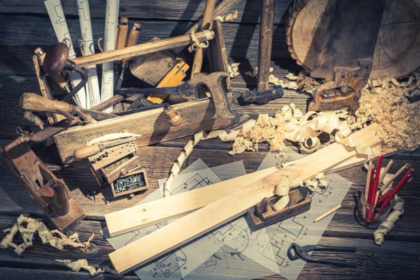 istock Carpenters table in a workshop on rustic wooden table 1167216924