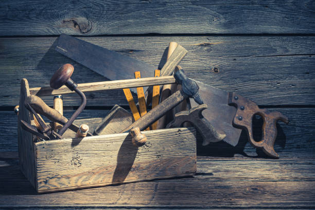 istock Vintage carpenters box with tools on rustic wooden table 1167216942