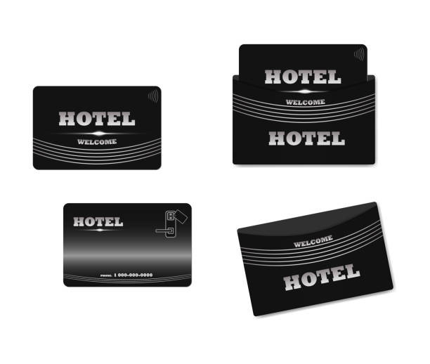 키 카드 슬리브 홀더, 벡터 템플릿블랙 호텔 rfid 키 카드. 플라스틱 카드 케이스 - hotel key illustrations stock illustrations