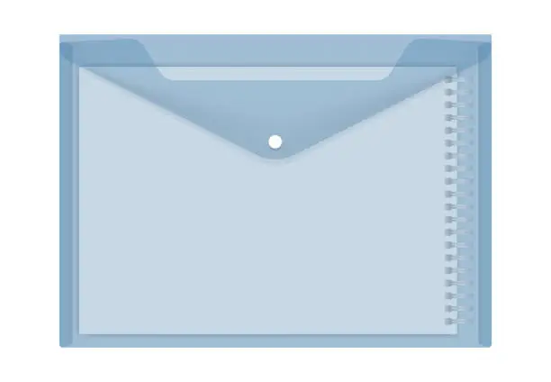 Vector illustration of Clear plastic envelope with A4 spiral notebook inside, vector illustration. Transparent blue file holder with snap button, realistic template