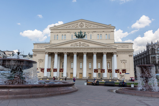 Moscow, Russia May 6, 2019, view on the facade of the Bolshoi Theater in the center of Moscow on a summer sunny day