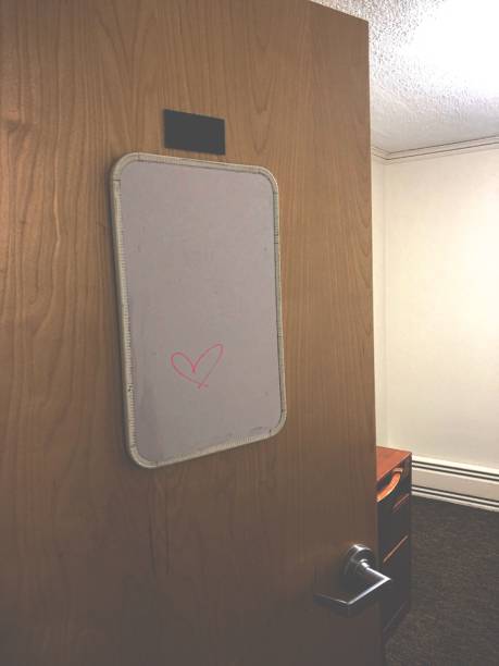 Basic Nondescript Cracked Open Dorm Room Door w/White Dry Erase Board w/Drawn Heart Sketch
