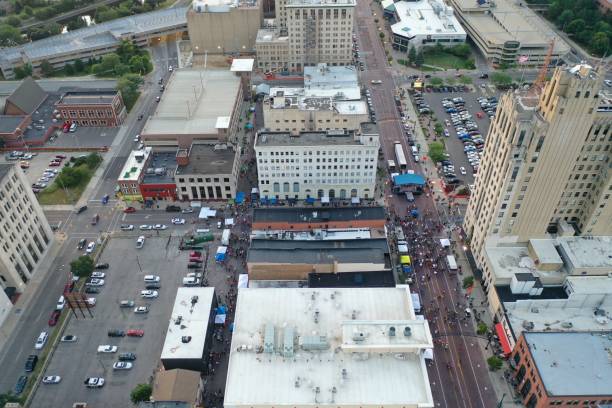 Flint Alley Fest Aerial Phot of Downtown Flint during Flint Alley Fest 2019. flint michigan stock pictures, royalty-free photos & images