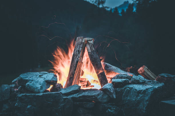 istock Camping bonfire with yellow and red flames in summer, forest. Copy space. 1167227205
