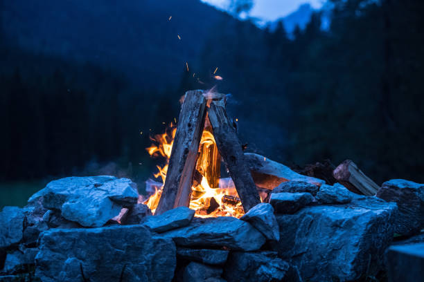 feu de joie de camping avec des flammes jaunes et rouges en été, forêt. copiez l'espace. - balefire photos et images de collection