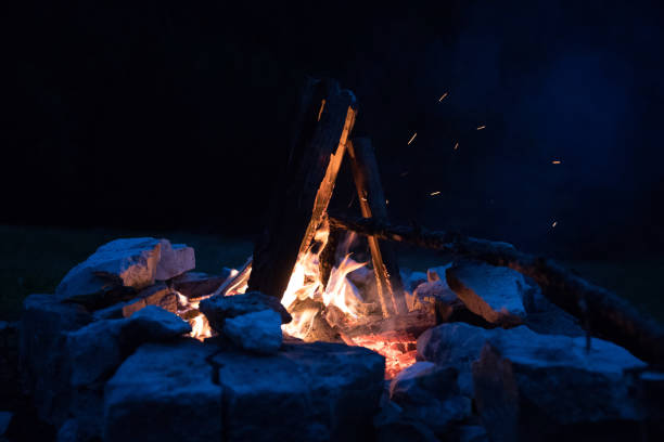 istock Camping bonfire with yellow and red flames in summer, forest. Copy space. 1167228587