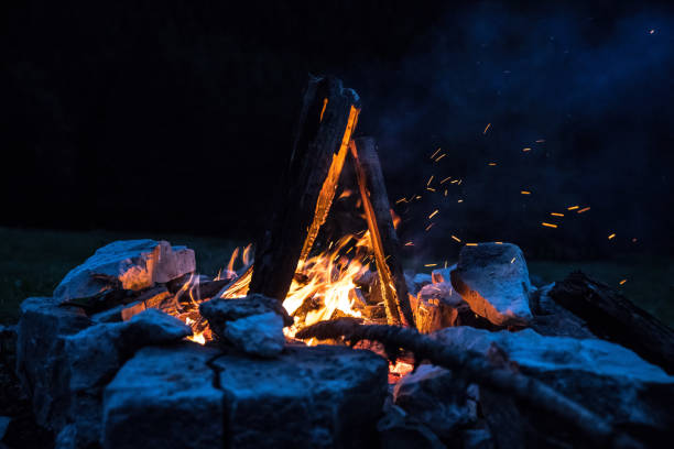 istock Camping bonfire with yellow and red flames in summer, forest. Copy space. 1167228637