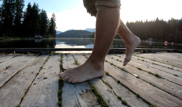 istock Low angle view of man walking barefoot across dock at sunrise 1167228883