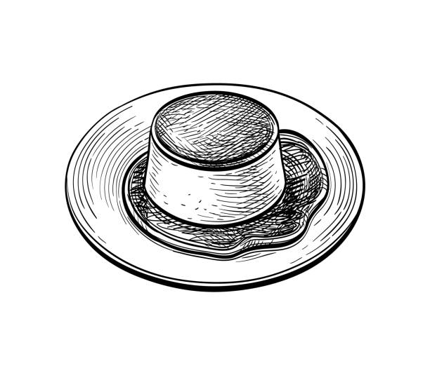 чернильный эскиз крем-карамели - custard stock illustrations