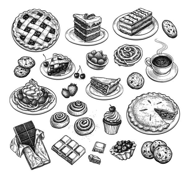 Ink sketch of desserts. Collection of sweets and pastries. Popular desserts. Ink sketch set isolated on white background. Hand drawn vector illustration. Retro style. sweet pie stock illustrations