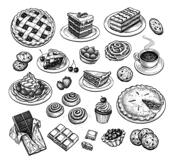 Vector illustration of Ink sketch of desserts.