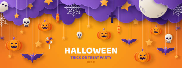 Halloween orange paper cut banner Happy Halloween banner or party invitation background with clouds,bats and pumpkins in paper cut style. Vector illustration. Full moon in the sky, spiders web and stars. Place for text halloween backgrounds stock illustrations