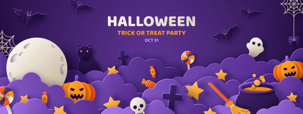 Halloween violet paper cut banner Happy Halloween banner or party invitation background with night clouds and pumpkins in paper cut style. Vector illustration. Full moon in the sky, spiders web and flying bats. Place for text cauldron illustrations stock illustrations