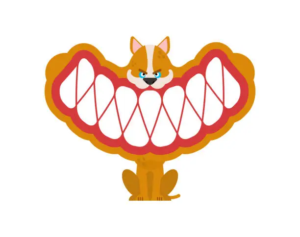 Vector illustration of Little angry dog with big teeth. small Pet Teeth grin