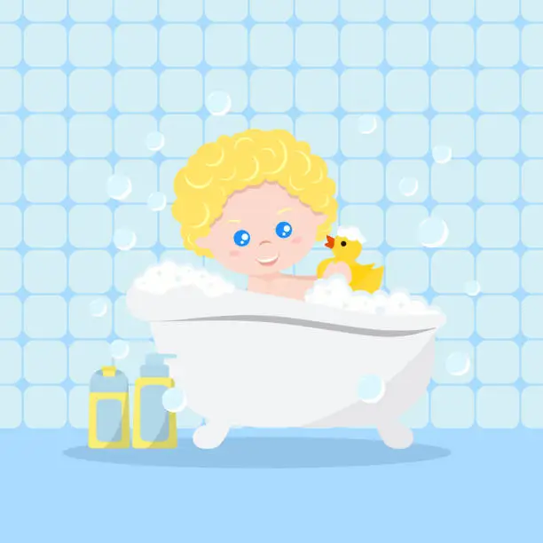 Vector illustration of Baby taking a bath playing with foam bubbles and yellow rubber duck on bath interior background.