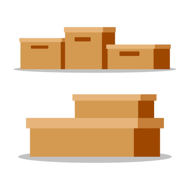 Set of empty closed brown paper cardboard boxes. Set of empty closed brown paper cardboard boxes. Flat cartoon style delivery, storage package with shadows isolated on white background. Vector illustration. Collection of icons, design template unprinted stock illustrations