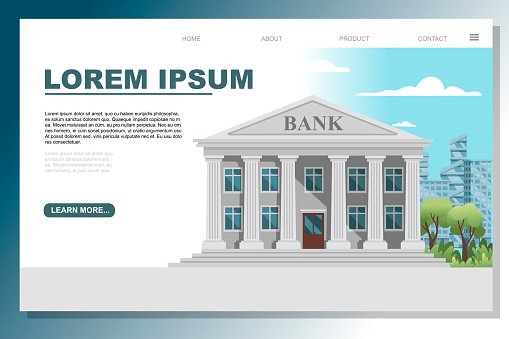 Flat design retro bank building with columns and windows vector illustration on modern city landscape good sunny day with blue sky and clouds background web site page design.