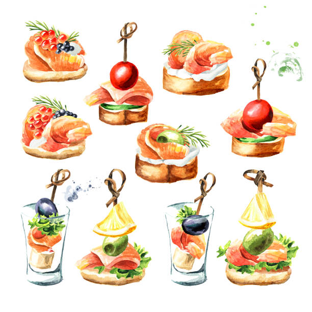 ilustraciones, imágenes clip art, dibujos animados e iconos de stock de aperitivo para una mesa festiva. mini canape con juego de filetes de salmón fresco. ilustración dibujada a mano de acuarela aislada sobre fondos blancos - smoked salmon illustrations