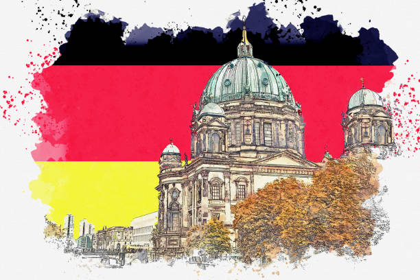 A watercolor sketch or illustration of the Berlin Cathedral called Berliner Dom against the background of the German flag. Berlin, Germany. City architecture.