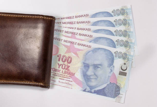 a few one hundred turkish lira banknotes with a essential wallet