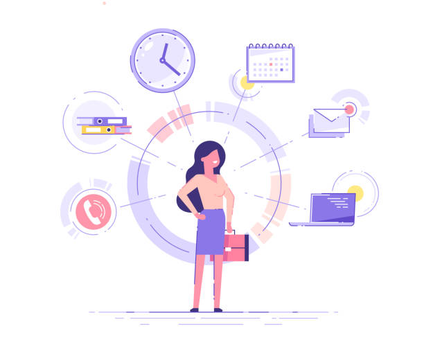 bizneswoman stoi i trzyma teczkę z ikonami biura w tle. koncepcja wielozadaniowości i zarządzania czasem. skuteczne zarządzanie. ilustracja wektorowa. - zapracowany stock illustrations