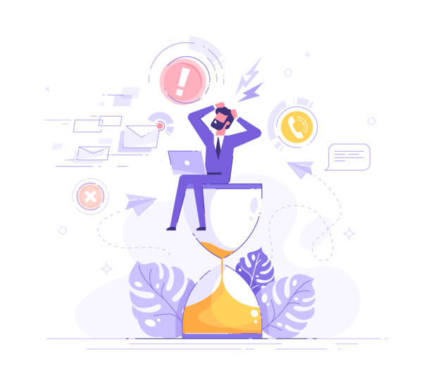 ilustrações de stock, clip art, desenhos animados e ícones de tired and exasperated office worker is sitting on an hourglass and grabbed his head with business process icons and infographics on background. stress in the office. rush work. deadline. vector. - dor de cabeça ilustrações