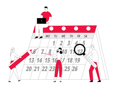 Tiny Businesspeople Team at Huge Calendar Make Schedule of Affairs for Month, Work Planning Events, Business Meetings, Payments and Important Messages Time Management Cartoon Flat Vector Illustration