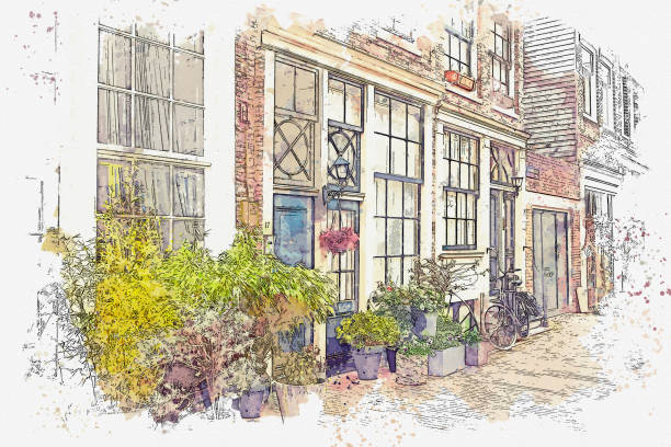 Watercolor sketch or illustration of a street in Amsterdam.