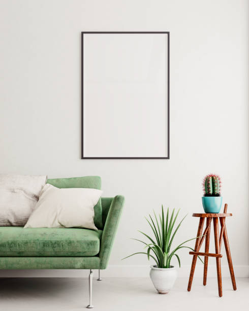 istock Vertical mock up poster frame in olive green modern interior background, living room, Scandinavian style, 3D render, 3D illustration 1167246717