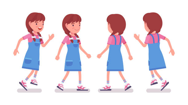 illustrazioni stock, clip art, cartoni animati e icone di tendenza di bambina da 7 a 9 anni, studentessa che corre, cammina - 6 7 years little girls child portrait