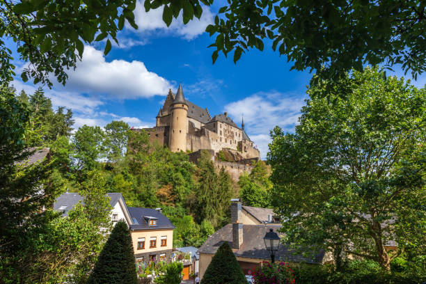 Medieval Castle Vianden, top of the mountain Luxembourg or Letzebuerg Vianden, Luxembourg - August 8, 2019: Medieval Castle Vianden, top of the mountain Luxembourg or Letzebuerg. Castle Vianden is one of the largest and finest feudal residences of the Roman and Gothic eras in Europe. vianden stock pictures, royalty-free photos & images