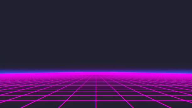 Synthwave wireframe net 80s Retro Futurism Background 3d illustration
