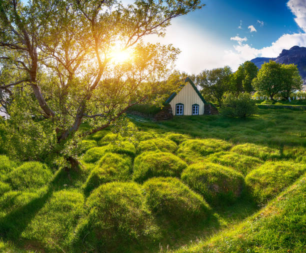 Picturesque view of  turf-top church Hofskirkja during sunset. Location: village of Hof, Skaftafell, Vatnajokull National Park, Europe.