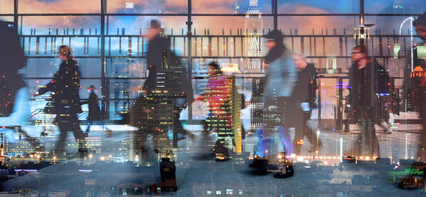 stressed people leaving office, cityscape reflection - urban scene commuter business station imagens e fotografias de stock