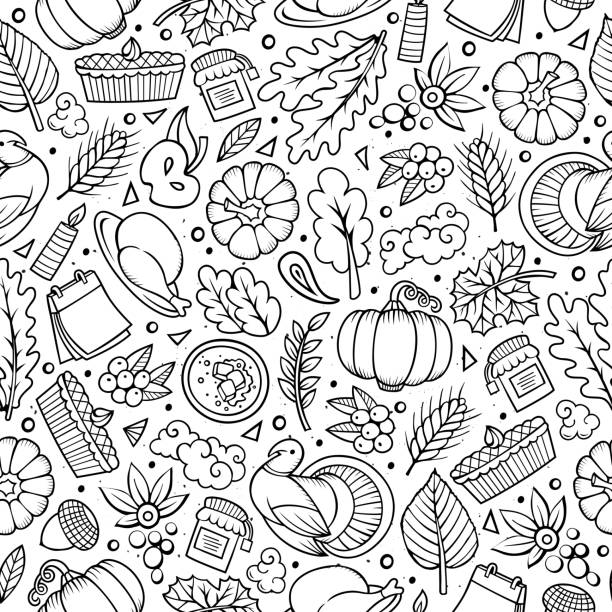 ilustraciones, imágenes clip art, dibujos animados e iconos de stock de dibujos animados lindo dibujado a mano acción de gracias patrón sin costuras - thanksgiving fruit cornucopia vegetable