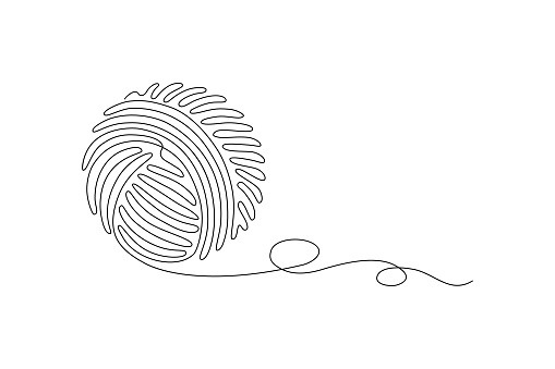 Ball of thread in continuous line art drawing style. Black line sketch on white background. Vector illustration