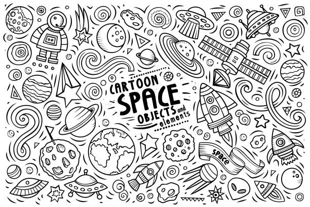 Doodle cartoon set of SPACE theme objects and symbols Line art vector hand drawn doodle cartoon set of SPACE theme items, objects and symbols clip art of a meteoroids stock illustrations