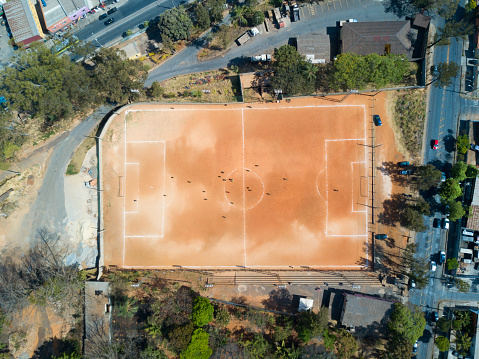 Primitive football field. Top view, aerial photo.