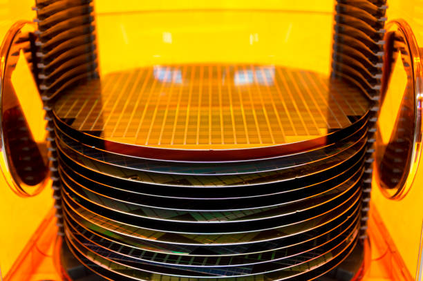 Patterned 12 Inch 300 mm Silicon Wafers in a FOUP Container stock photo