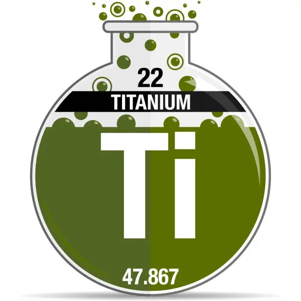 Vector illustration of Titanium symbol on chemical round flask. Element number 22 of the Periodic Table of the Elements - Chemistry