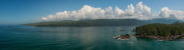 Beautiful Aerial Panoramic Landscape View of the Rocky Pacific Ocean Coast in the Southern Vancouver Island during a sunny summer day. Taken between Victorial and Port Renfrew, BC, Canada.