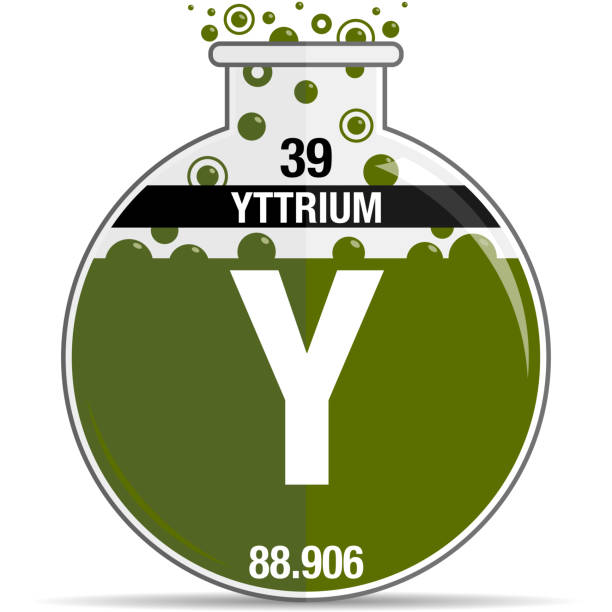 ilustraciones, imágenes clip art, dibujos animados e iconos de stock de símbolo yttrium en matraz químico redondo. elemento número 39 de la tabla periódica de los elementos - química - yttrium