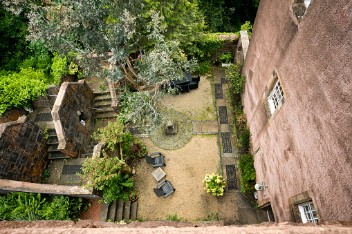 High angle view of patio courtyard of medieval Castle, Scotland, UK