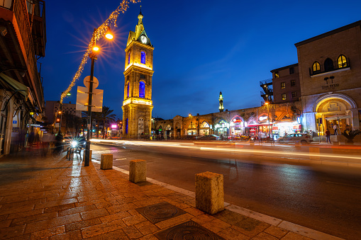 Jaffa, Tel Aviv, Israel - April 13, 2019: Beautiful Street View of The Clock Tower in the Old Jaffa City during a night time after sunset.