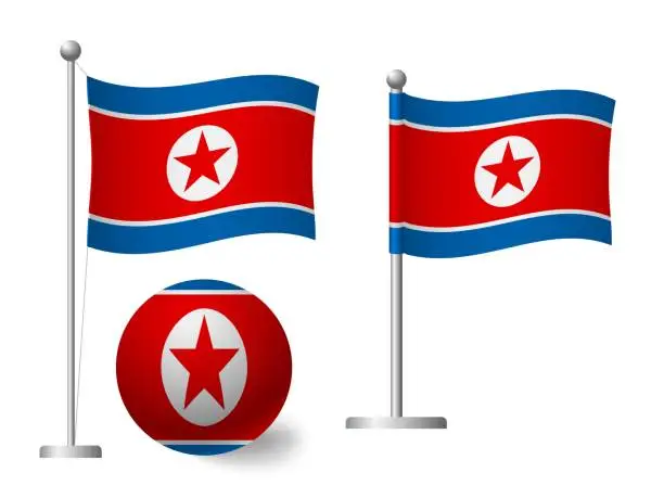 Vector illustration of North Korea flag on pole and ball icon