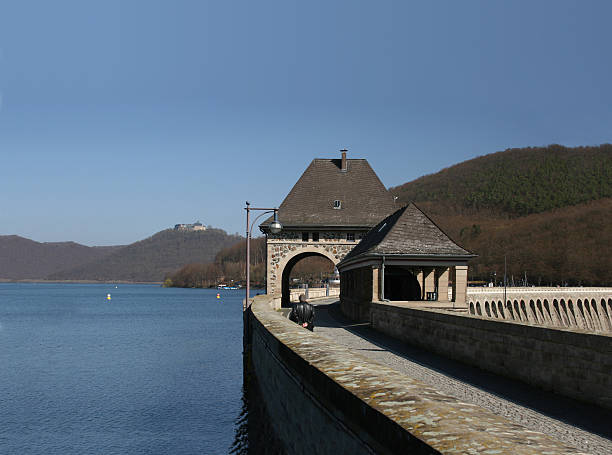 Edersee - dam with Waldeck Castle in the background stock photo