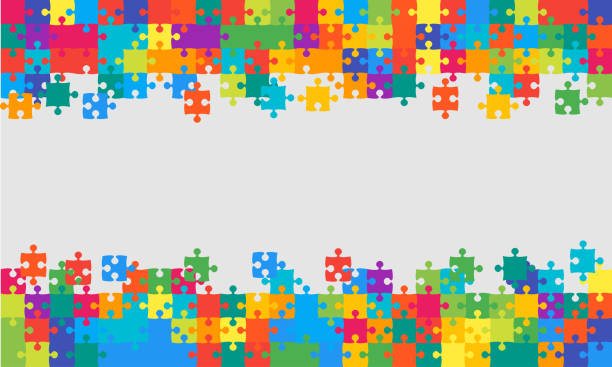 Frame, background, banner, blank with puzzle jigsaw colorful pieces. Puzzle background, banner, blank. Vector jigsaw section template. Background with puzzle frame colorful separate pieces, mosaic, details, tiles, parts. Outline abstract jigsaw. Game group detail. puzzle backgrounds stock illustrations